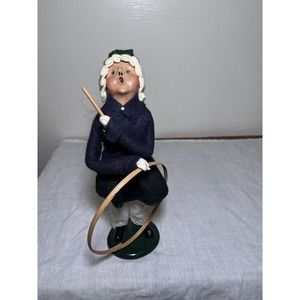 Byers Choice Retired 1989 Girl with Wood Toy Hoop, Blue Plaid Outfit